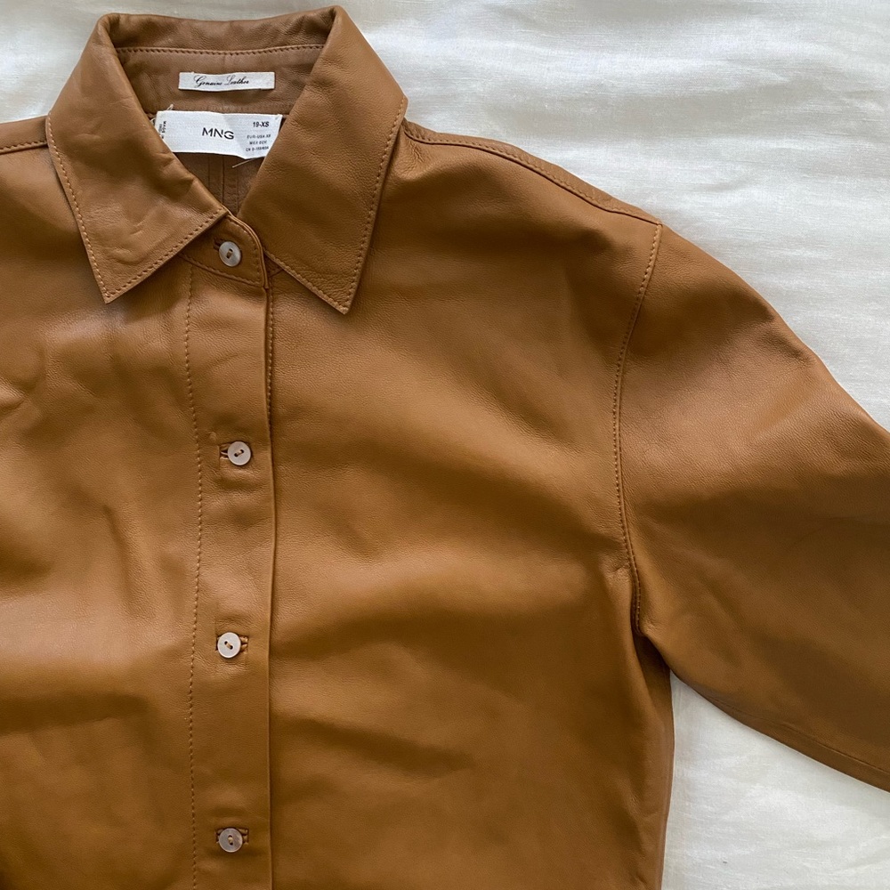Mango Tan Faux Leather Button Down | Size: XS